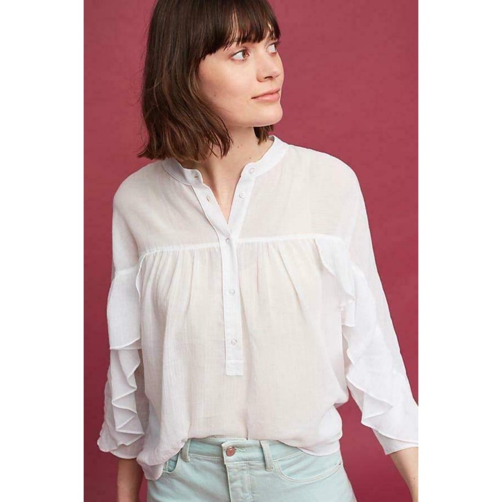 Maeve Anthro White Ruffled Henley Top